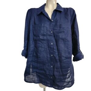Charter Club Luxury Navy Blue 100% Linen Button Down Shirt Womens XL Roll Tab